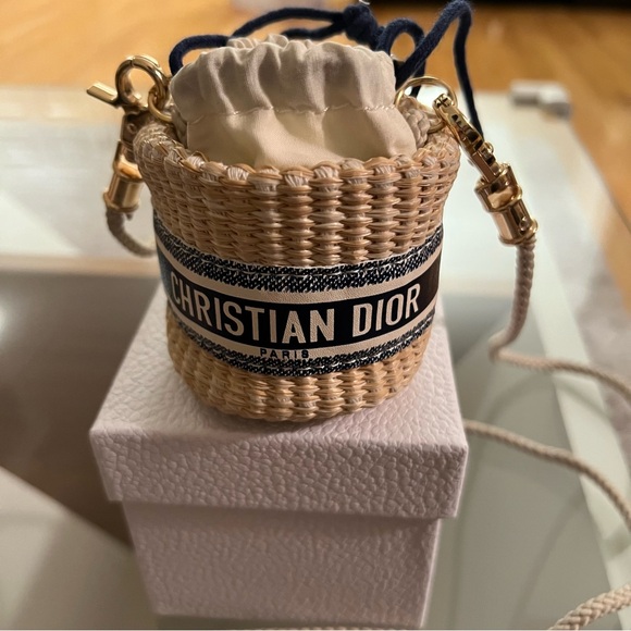 Dior Handbags - Dior Straw Bucket Crossbody Bag with Navy Logo Band and Gold Hardware